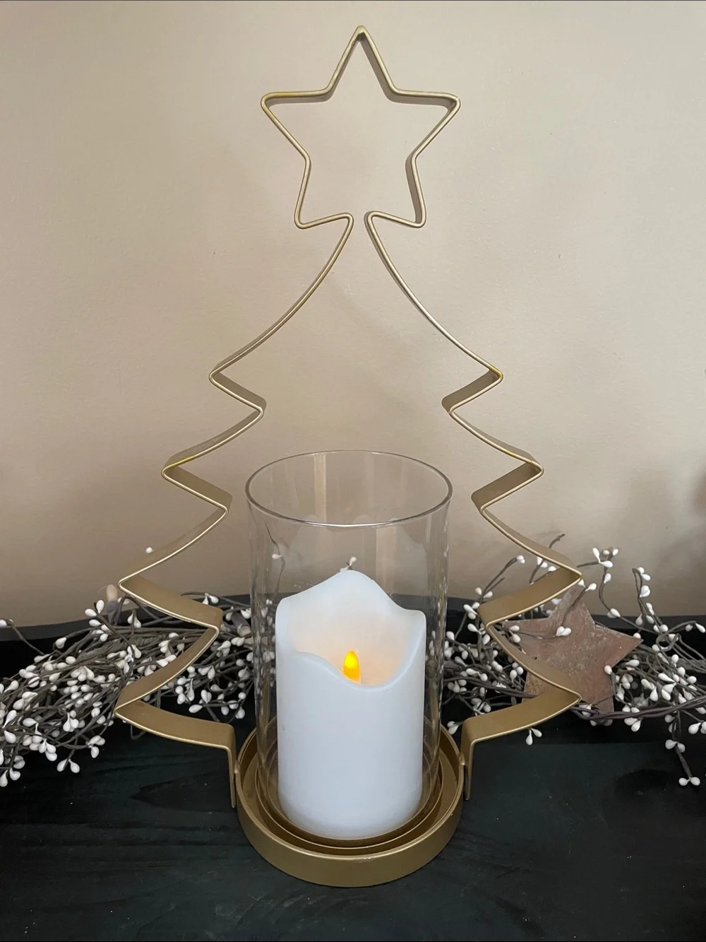 Beautiful Gold Metal Tree Hurricane LED Candle Holder 17”x11”